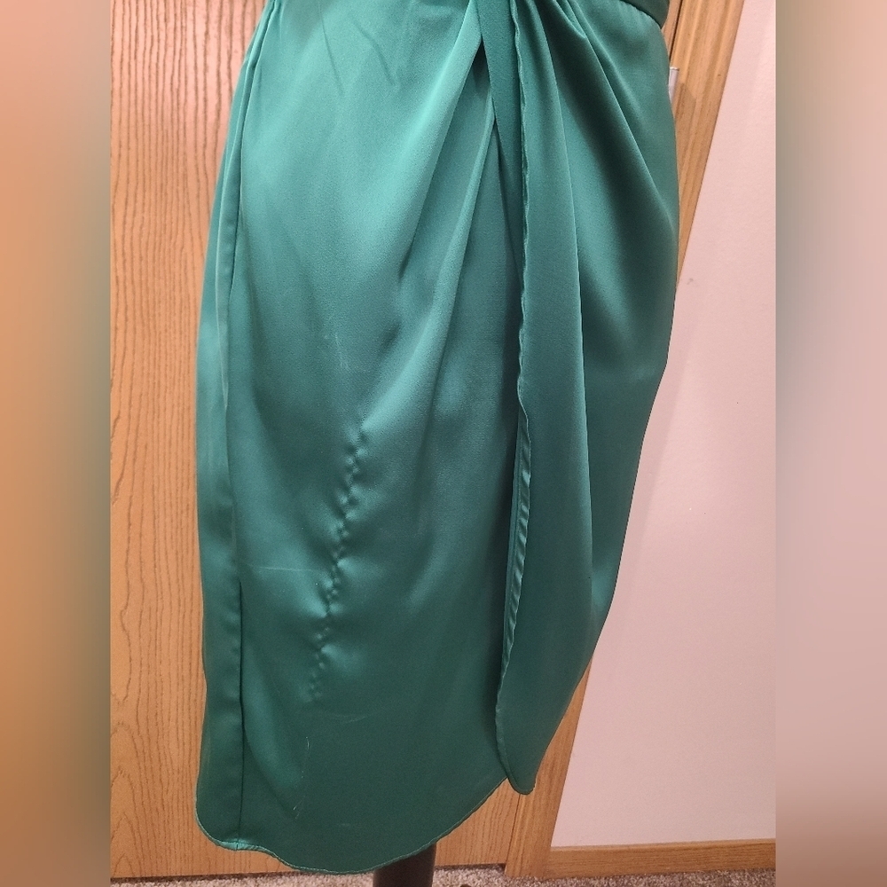 Teal Green Satin One Shoulder Chain Strap Ruched Knot Front Satin Dress - Picture 3 of 5